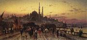 Hermann David Solomon Corrodi Dusk on the Galata Bridge and the Yeni Valide Djami, Constantinople oil on canvas